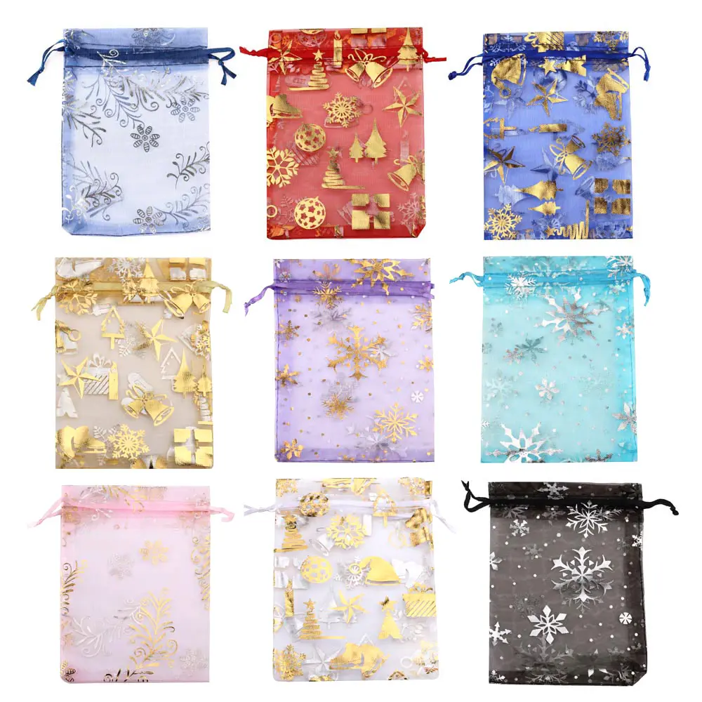 25pcs/lot 10x14cm New Gift Bag Organza Christmas Bag Gold Color Snowflake Prints Christmas Party Candy Bags Jewelry Packing