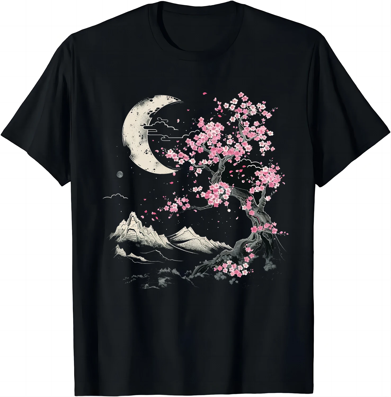 Cherry Blossom Night Tee - Moonlit Serenity T Shirt Japanese Style Shirts  Men Clothing Tops Graphic T Shirts Camisas Streetwear