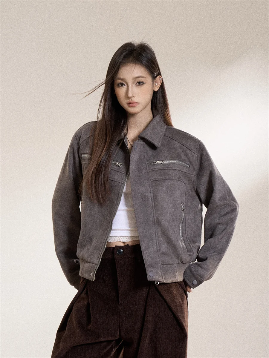 

MARMROO Women's Suede Jaet ort Casual Sle Workwear Flip Collar Zipper Closure Versatile Lightweight Spring Outerwear