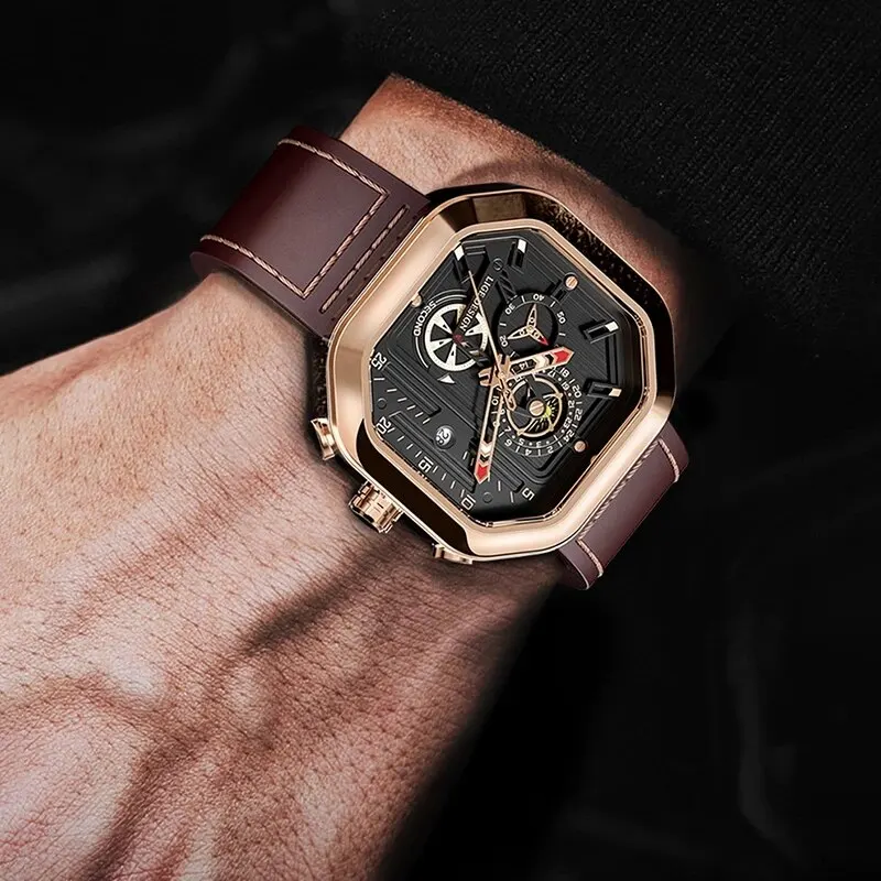 LIGE Fashion Square Dial Leather Mens Watches Luxury Sport Waterproof Watch Man Chronograph Quartz WristWatches Montre Homme