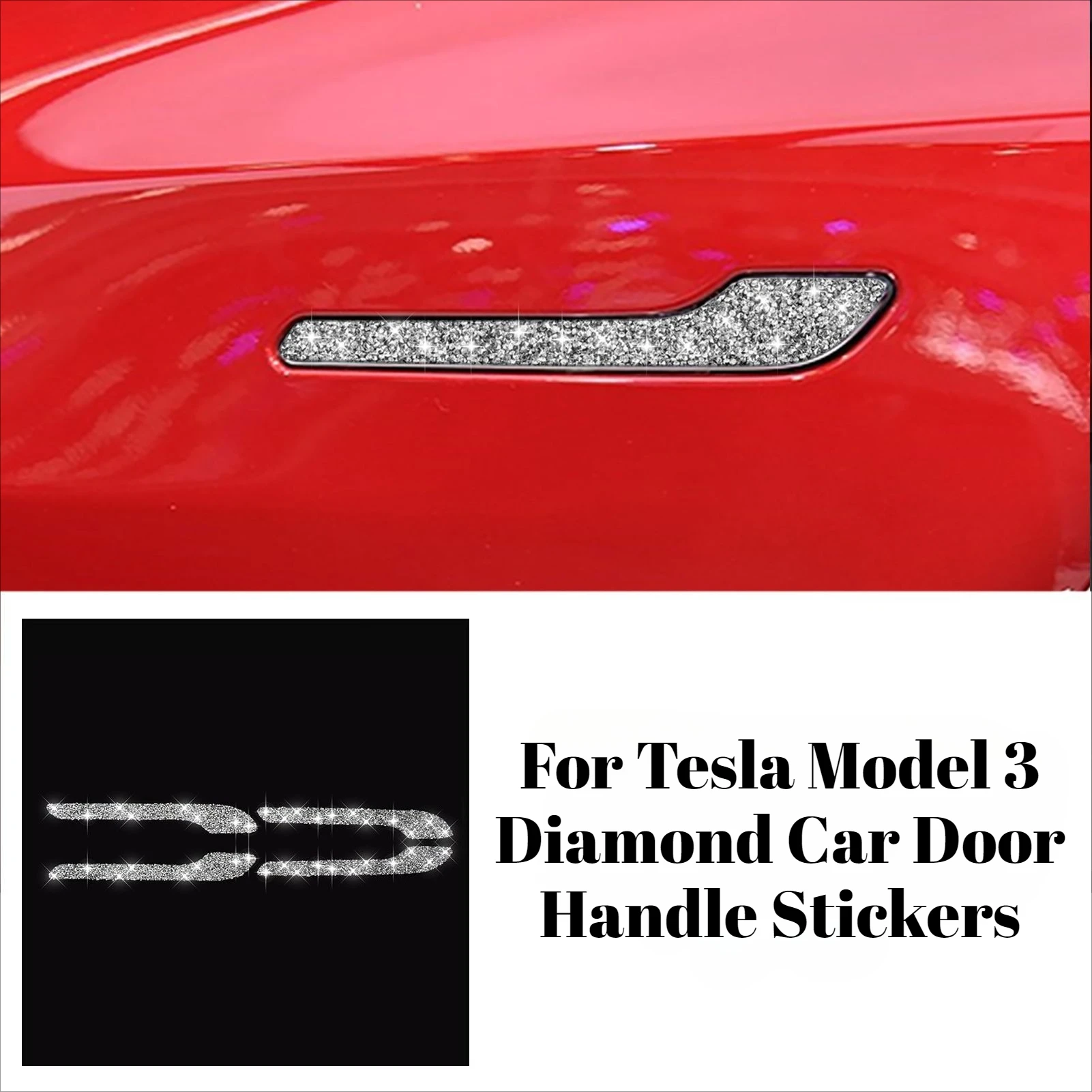 

For Tesla 2017-1022 Model 3 Rhinestone-Embedded Car Door Handle Decorative Sticker Diamond Accent Exterior Door Pull Accessories