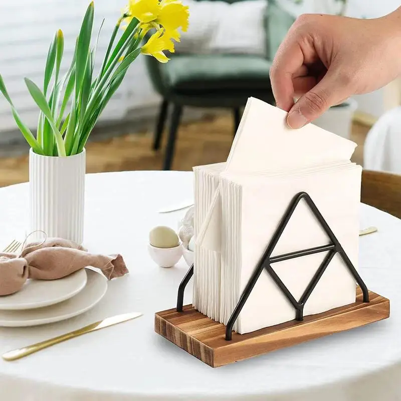 Iron Standing Napkin Dispenser Wood Napkins Holder with Metal Wire Standing Napkin Holder for Table Kitchen Elegant Paper Holder