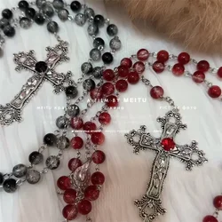 Vintage Fashion Gothic Style Lolita Crystal Cross Pendant Chain Rosary Dark Red Black Necklace