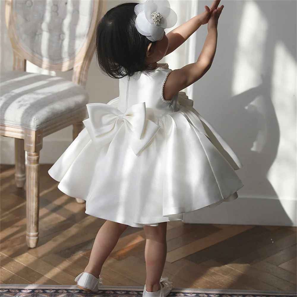 Vestidos blancos de estilo corto para niña de las flores, traje de princesa personalizado con lazo para la primera comunión, cumpleaños, baile, fiesta, bautismo