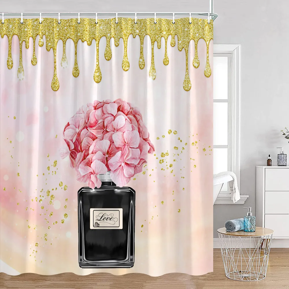 Perfume Golden Glitter Shower Curtains Dripping Glitter (No Sequin) High-heels Roses Elegant Bathroom Decor Fashion Bath Curtain