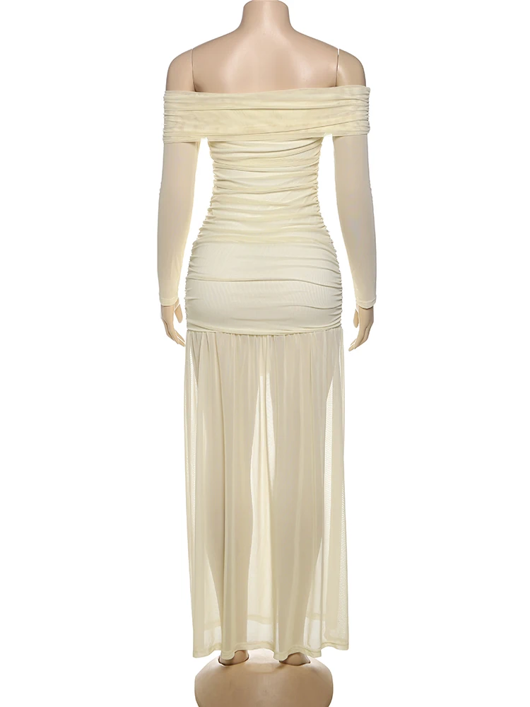 Whatiwear แฟชั่นเซ็กซี่ผู้หญิงตาข่าย Patchwork Slash คอปิดไหล่ Backless ริบบิ้น Midnight Prom Party Elegant Vestidos