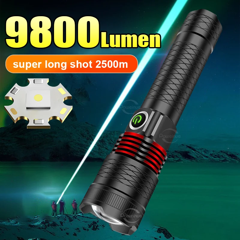 New 2500m Powerful Led Flashlights 9800lm Super Bright Torch Charging Zoom 18650 Hand Light High Power Long Shot Camping Lantren