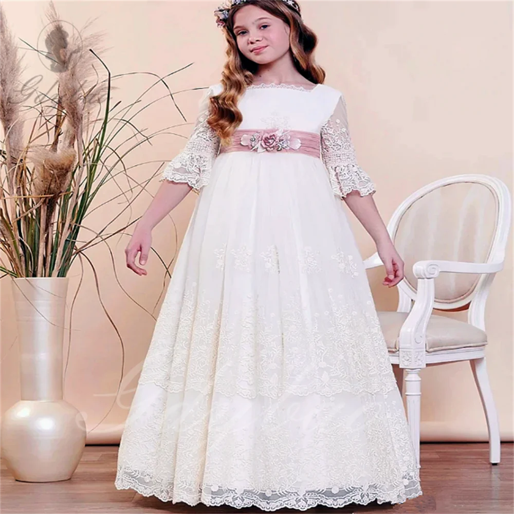 Elegant Flower Girl Dresses Lace Appliqué Bow Light Pink Belt Wedding holidays First Communion Birthday Prom Party Gown