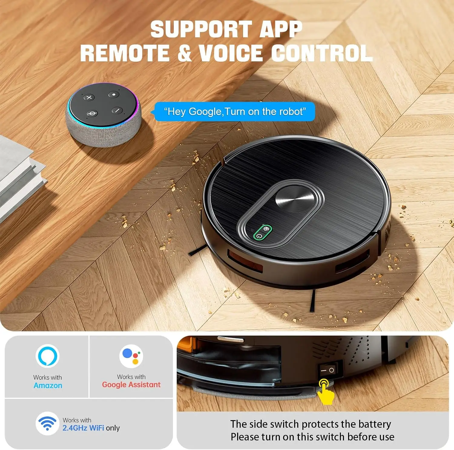 Smart Robot Vacuum & Mop, 6500Pa Suction, 200Min Runtime, App/Voice Control, Auto Carpet Boost, Ideal for Pet Hair view 3