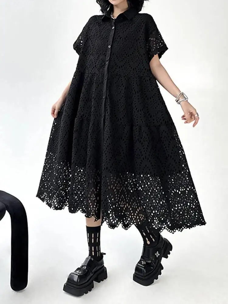 

Lace Women Black Hollow Out Big Size Midi Shirt Dress New Lapel Short Sleeve Fashion Spring Summer 2026 MMP6