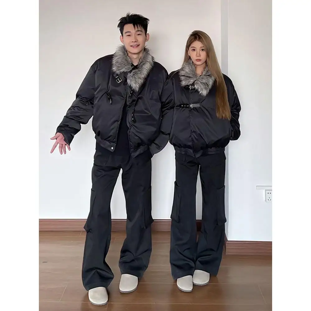 

American Sle Thiened ort Cotton Jaet for Men Winter Warm Fur Collar Coat Deconstructed Design Couple's Cotton Clothing