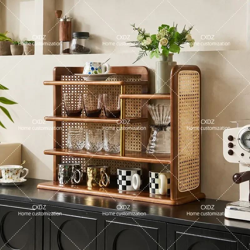 Retro Rattan Cup Holder Shelf Desktop Heightening Rack Kung Fu Tea Coffee Cup Storage Display Countertop New Home Models