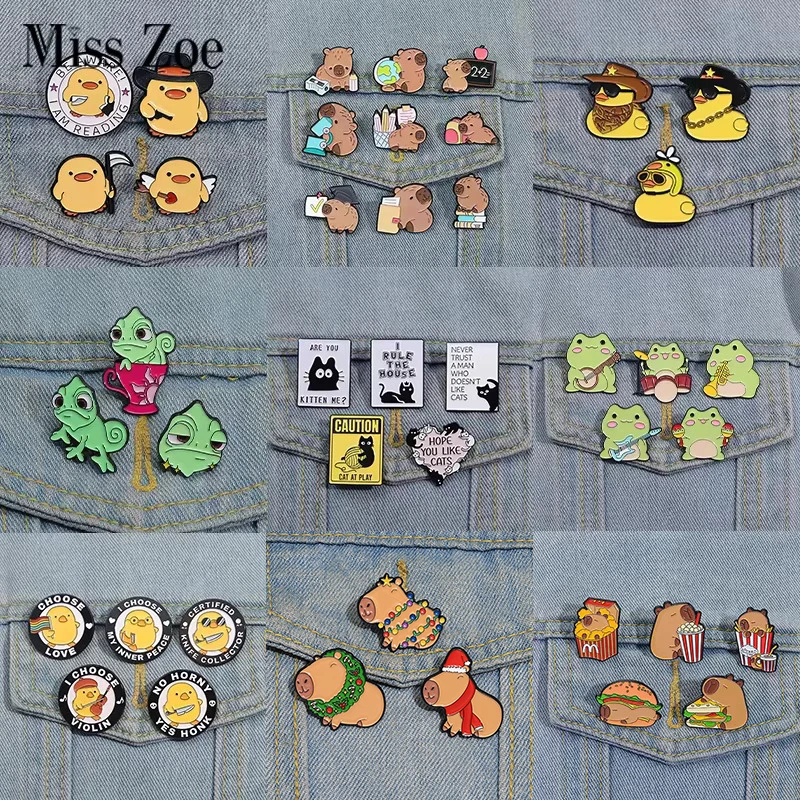 3-6 teile/satz Tier Serie Emaille Pins Capybara Frosch Cowboy Ente Mörder Huhn Broschen Revers Abzeichen Schmuck Geschenk für Freunde