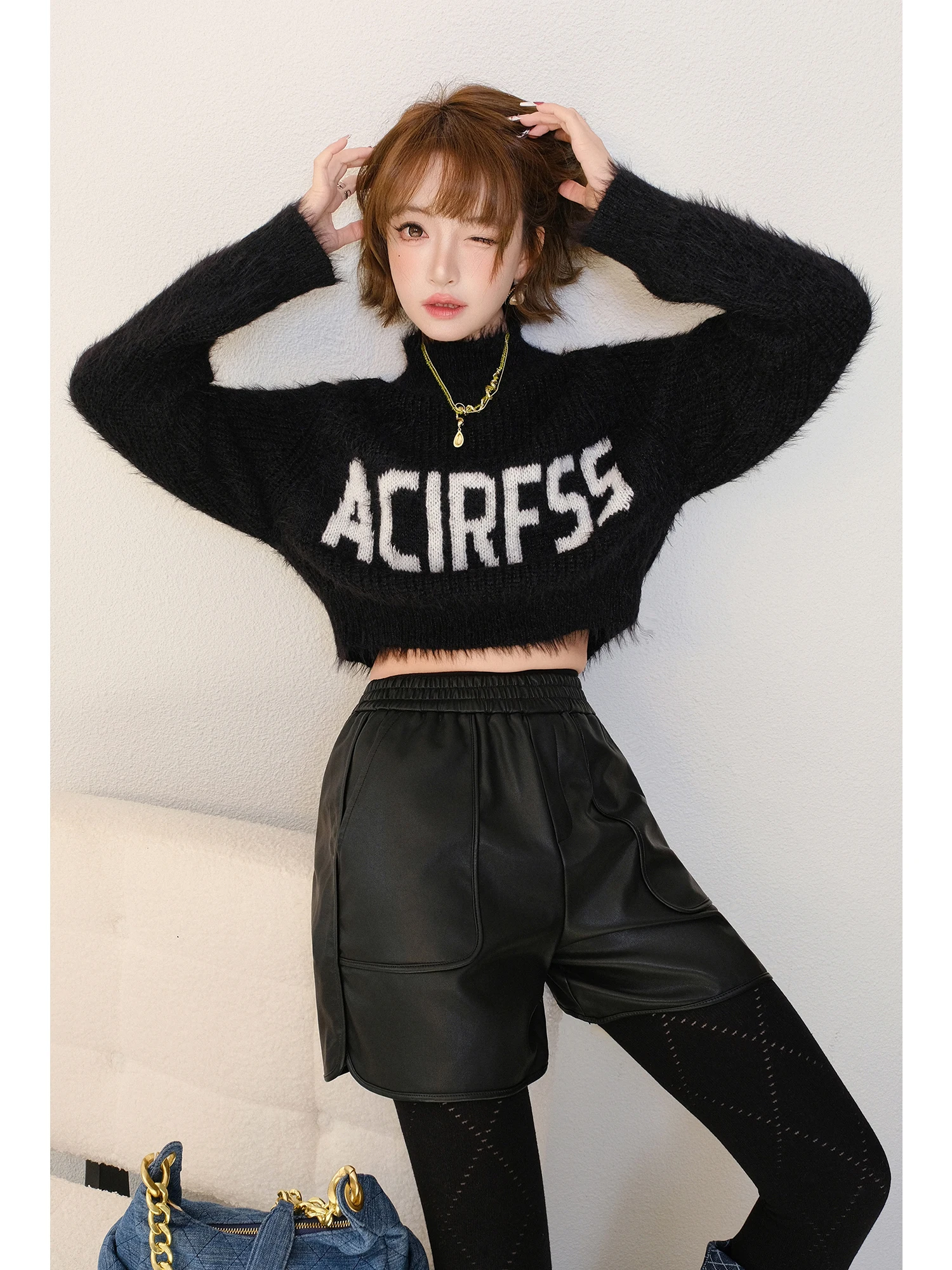 

MIUCO Модный вязаный свитер с длинными рукавами для женщин, повседневный, с высоким воротником, в стиле колор-блок, с буквенным принтом