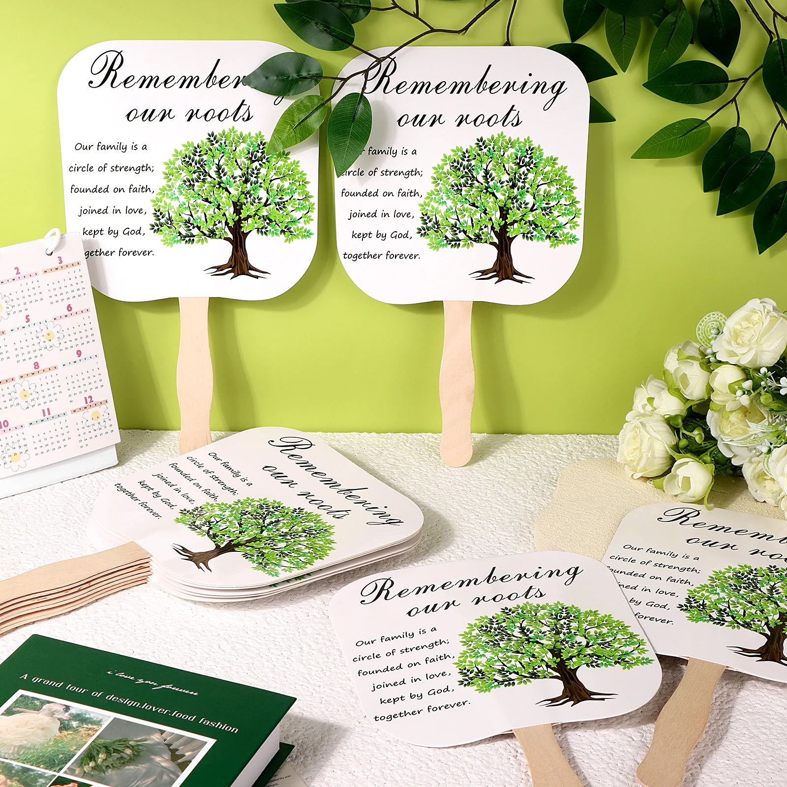 New 30 Pcs Family Reunion Fans Remembering Our Roots Handheld Paper Fan With Wooden Handle Tree Gathering Party Favors Bulk F