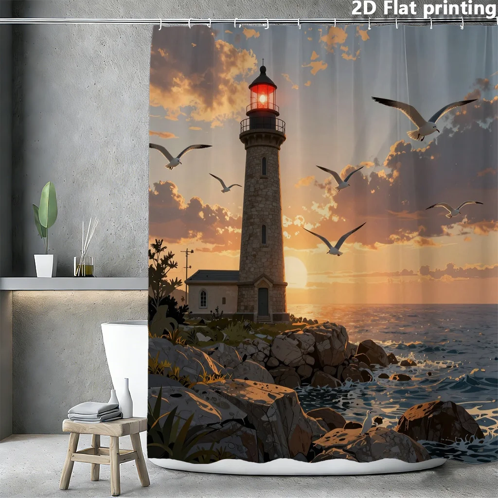 Lighthouse Shower Curtain, Ocean Sunset Seagull Print Waterproof Bathroom Decor, Coastal Nautical Scenery Home Bath Screen