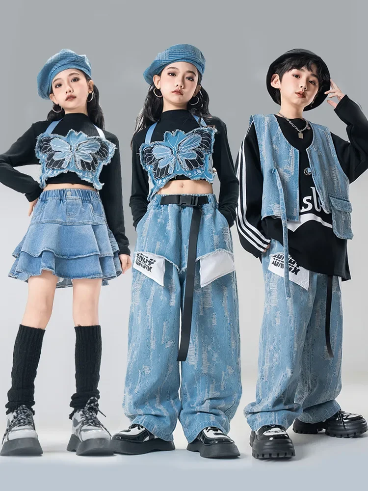 Denim Blue Butterfly Crop Tank Casual Patch Ripped Jeans Pants Skirt for Girl Jazz Dance Costumes Clothes Kid Hip Hop Clothing