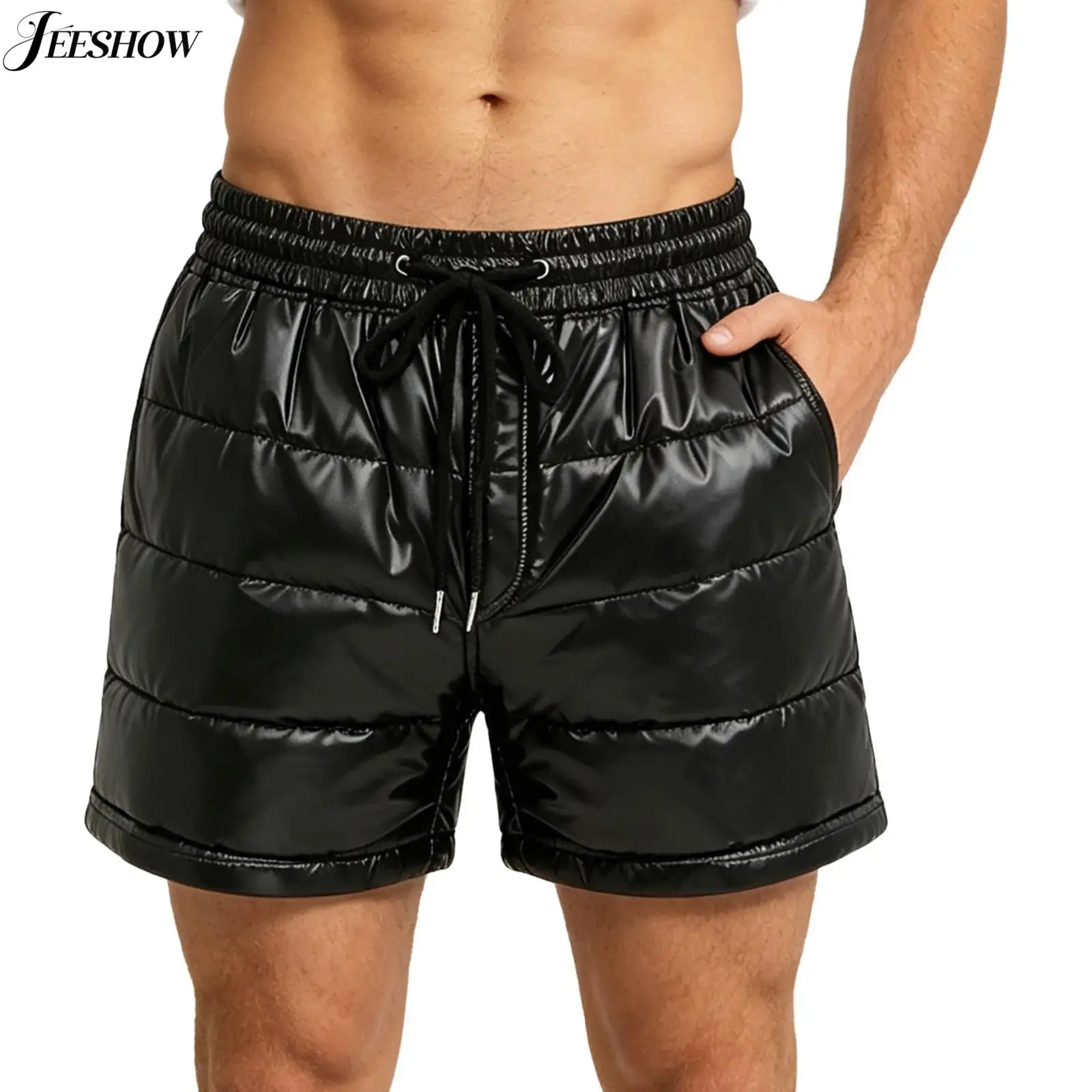 Mens Quilted Puffer Casual Shorts Drawsting Elastic Waistband Padded Shorts with Side Pockets for Daily Wear Rave Party Clubwear