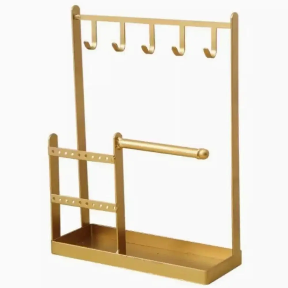 

Metal Jewelry Display Rack Multifunctional with Tray Dish Necklace Storage Rack Hanging Hook Desktop Organizer