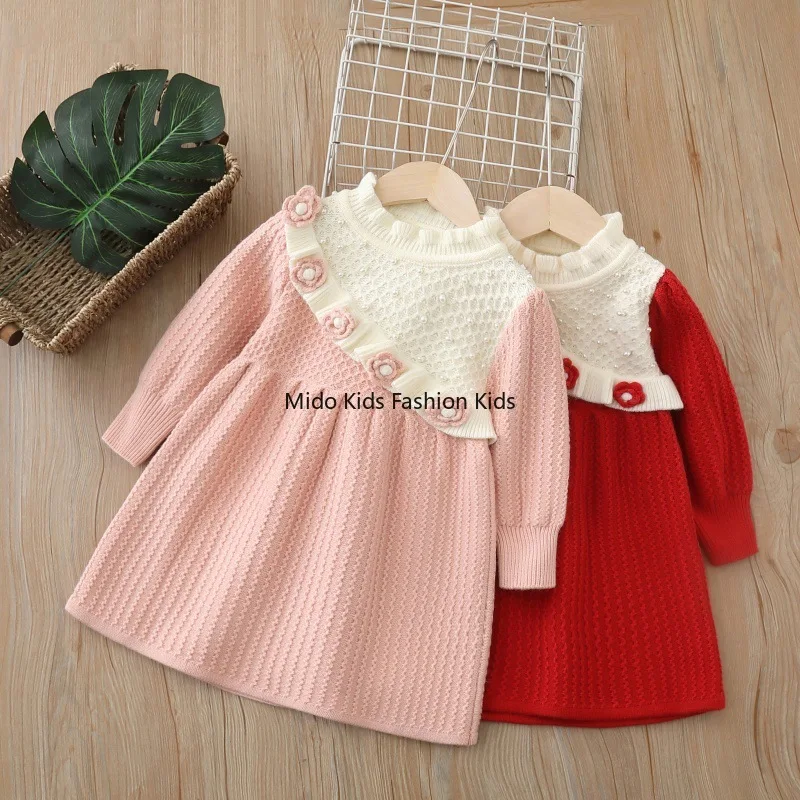 

Children's Knitted Sweater Dress 2025 Autumn/Winter New Arrival Handcrafted Floral Dress for Girls Winter Sweet Dress