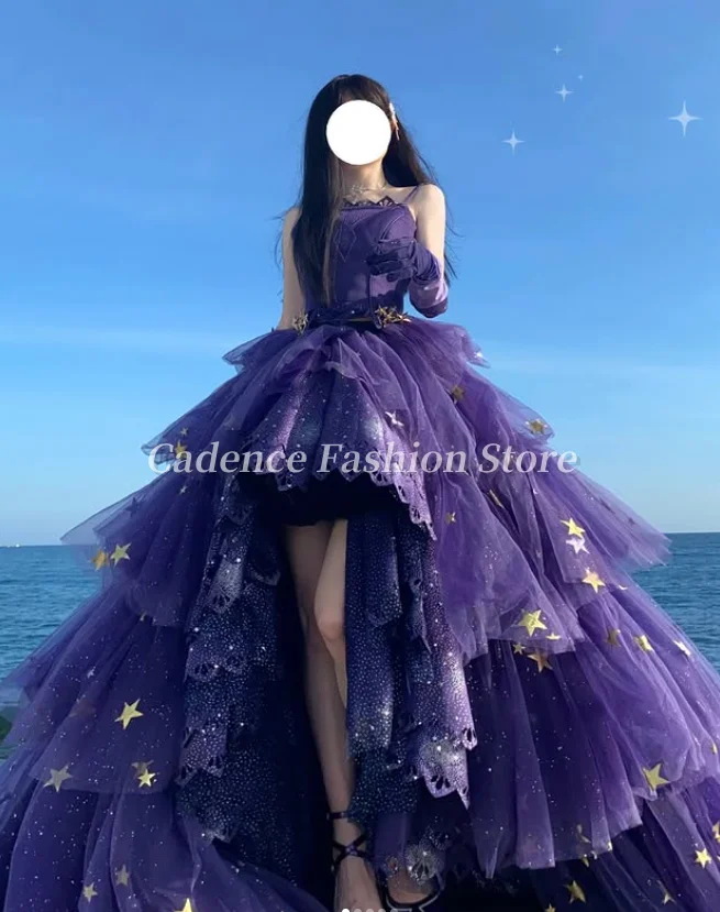 Customized  Purple Gothic Lolita Victorian Opera Strapless Prom Dresses Corset Front Short Lace Evening Party Dresses