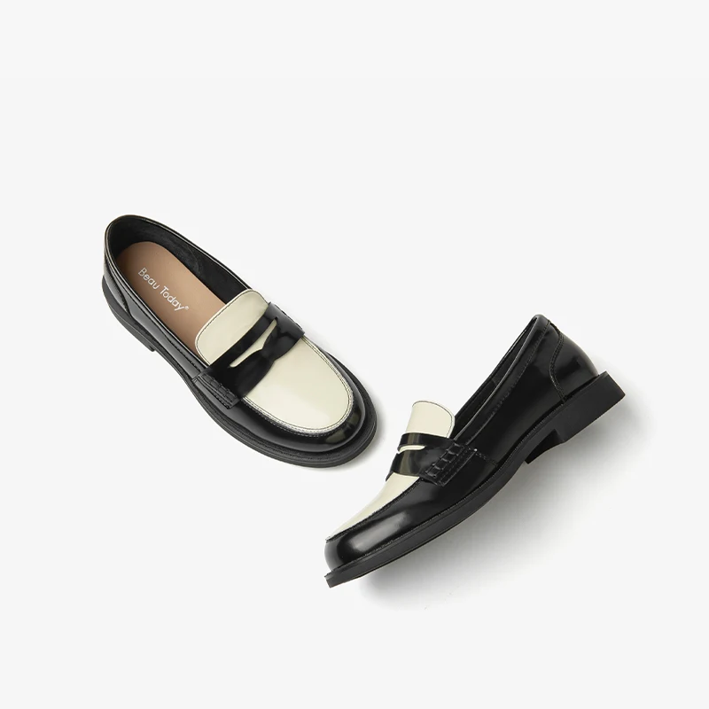 BEAUTODAY Penny Loafers Women Genuine Cow Leather Patchwork Round Toe Slip-on Classical Ladies Flat Shoes Handmade 27658