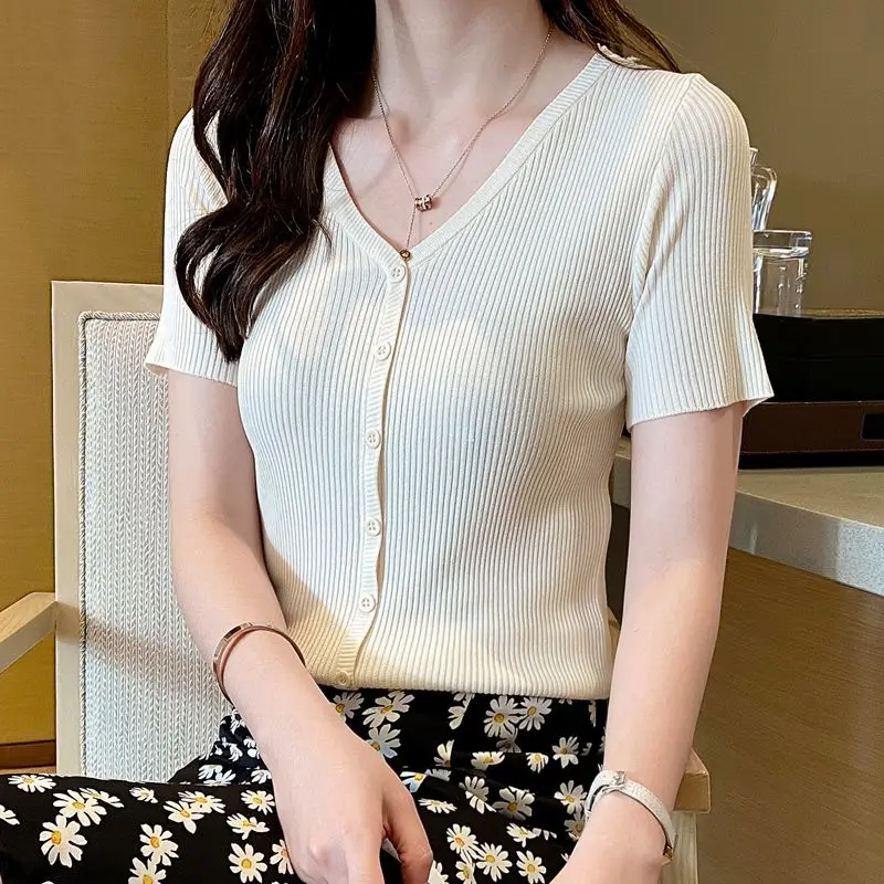 Women\'s Short Sleeve V-Neck Single-Breasted Knitwear, Korean Style, Elegant Clothes, Simplicity, Casual, Summer Fashion