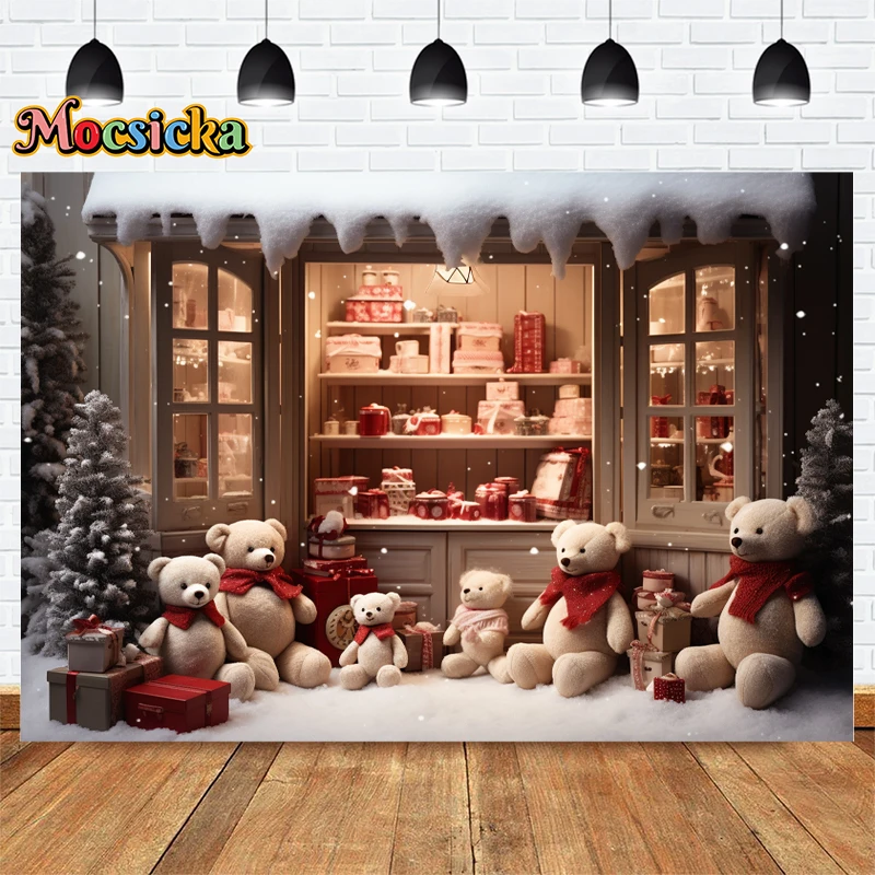 Mocsicka Winter Photography Backdrop Christmas Tree Gift Shop Teddy Bear Background Cute Kid Cake smash Banner Studio Photo Prop