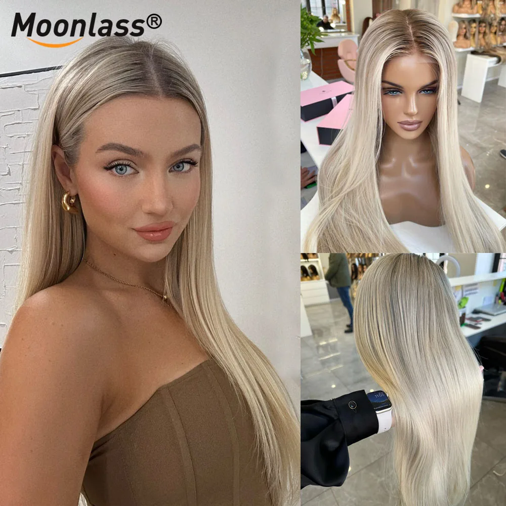 Moonlass natal em linha reta cinza loira 100% cabelo humano real 210% densidade pronto para usar peruca de cabelo pré-corte 13x6 frente do laço peruca remy