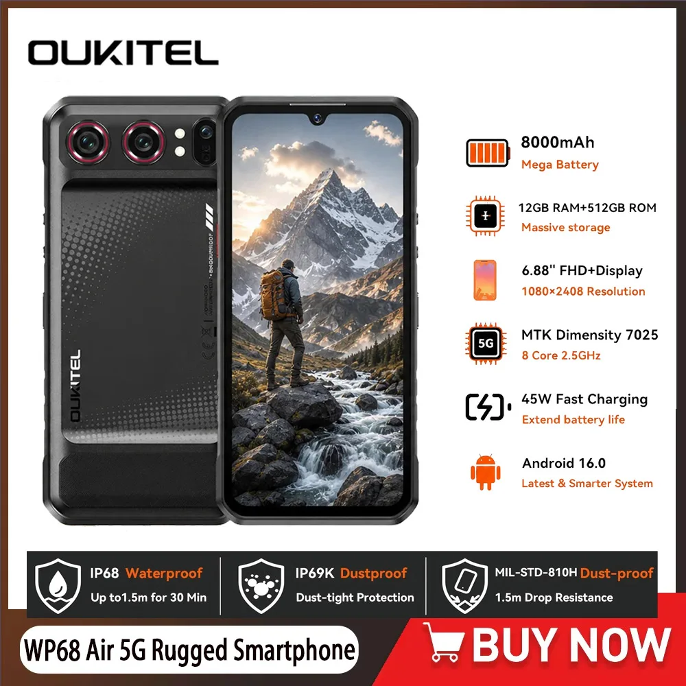 OUKITEL WP68Air 5G Rugged Smartphone 12GB RAM 512GB ROM 8000mAh Battery 32MP 6.88" 120Hz Display Dimensity 7025 Android 16.0