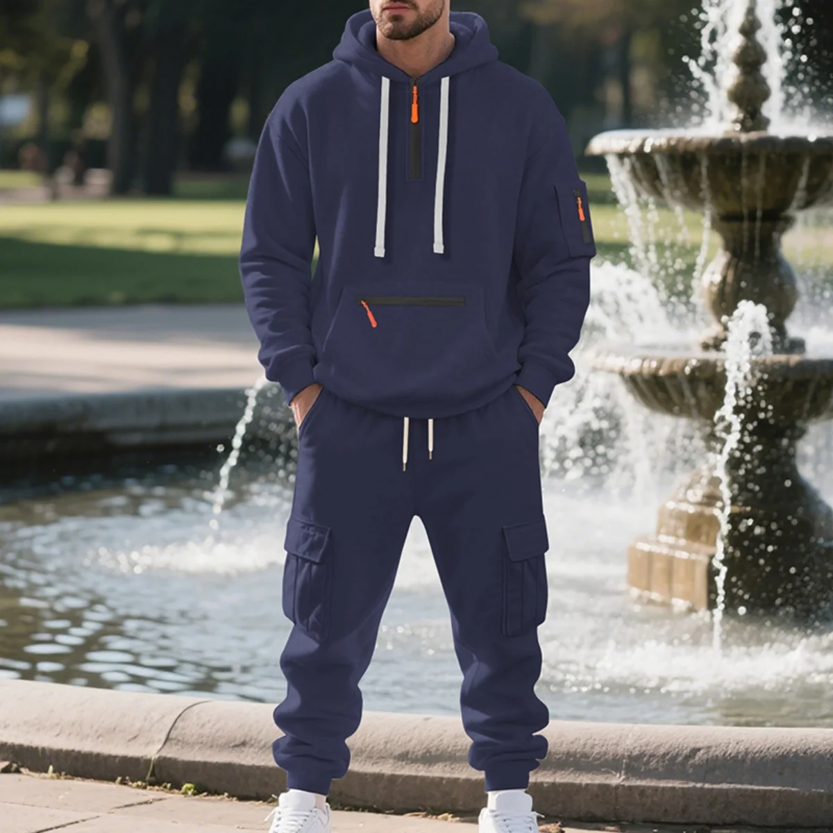 Men's Fleece Hooded Half-Zip Sweatshirt And Loose Sport Pants Set Casual Autumn/Winter Multi-Pocket Fashion Track Suit - Image 5