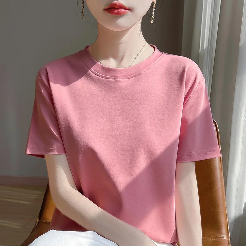 Summer Orange Woman Mercerized Cotton T-Shirt With Half Sleeves And High-End 100%Cotton Short-Sleeved T-shirt Is Loose And Slim