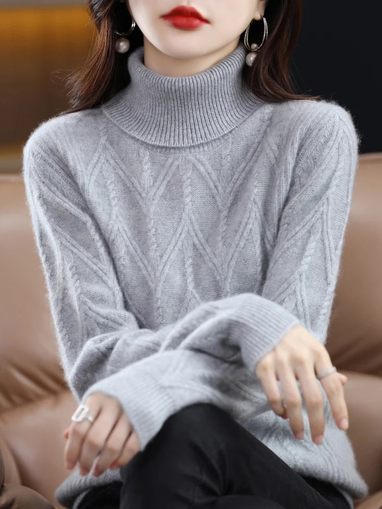 Thick 100% Wool Fashion Womens Sweater Long Sleeve Knit Wear Turtleneck Pullovers Wool Jumper Warm New Top Comfortable Soft Coat