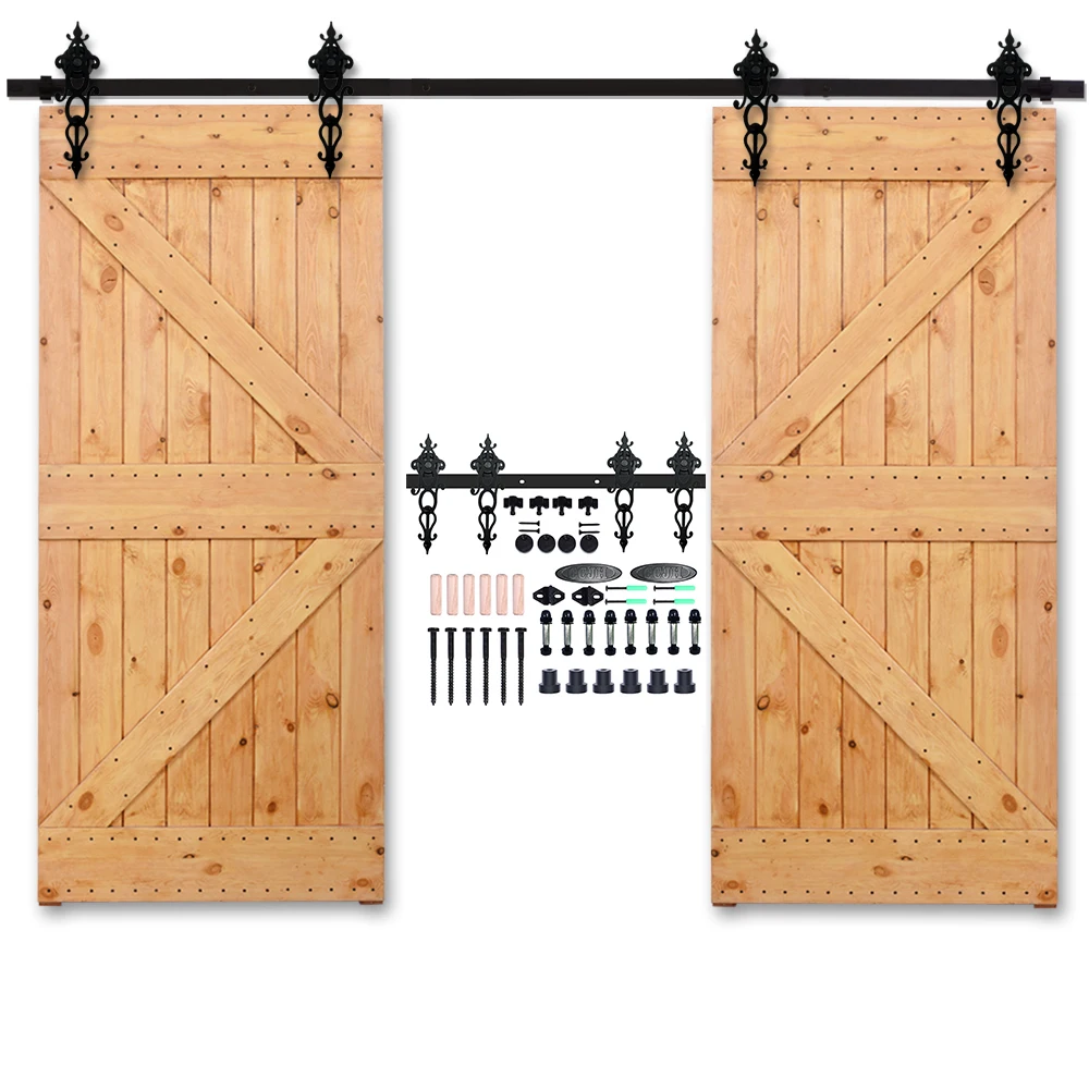 

121-487cm Vintage Lace Pattern Roller Barn Door Hardware Kit for Double Doors (Black Track)