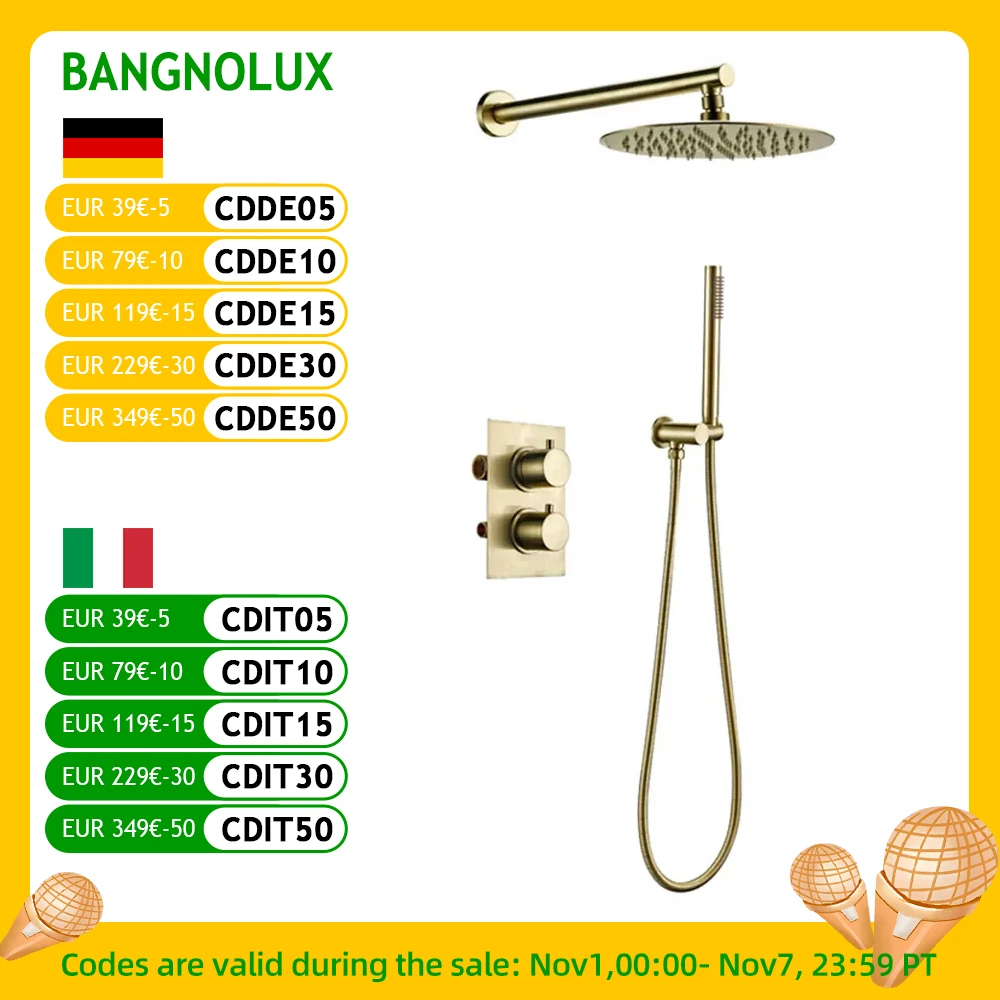 

Bathroom Faucet Solid Brass Brushed Gold Shower Kit Diverter Thermostatic Control Mixing Valve Rain shwoer Sets 8/10/12 Inch