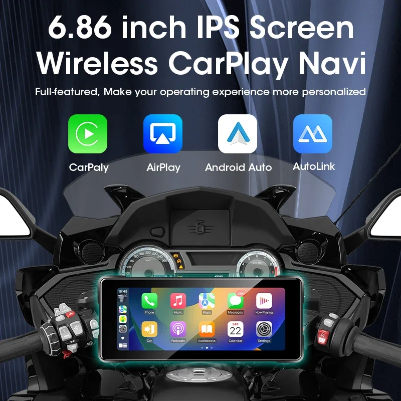 Develuck 6.86'' Motorcycle DVR IP7 Waterproof GPS navigator Dash Cam Wireless Carplay Android Auto Rear Camera Dual Bluetooth