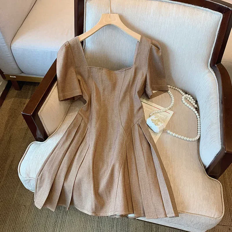 Brown Vintage Dress Zipper Dress Summer 2024 Chocolate Camisole Sexy Skinny Elegant Chic Female  A-line Casual Lady Dress