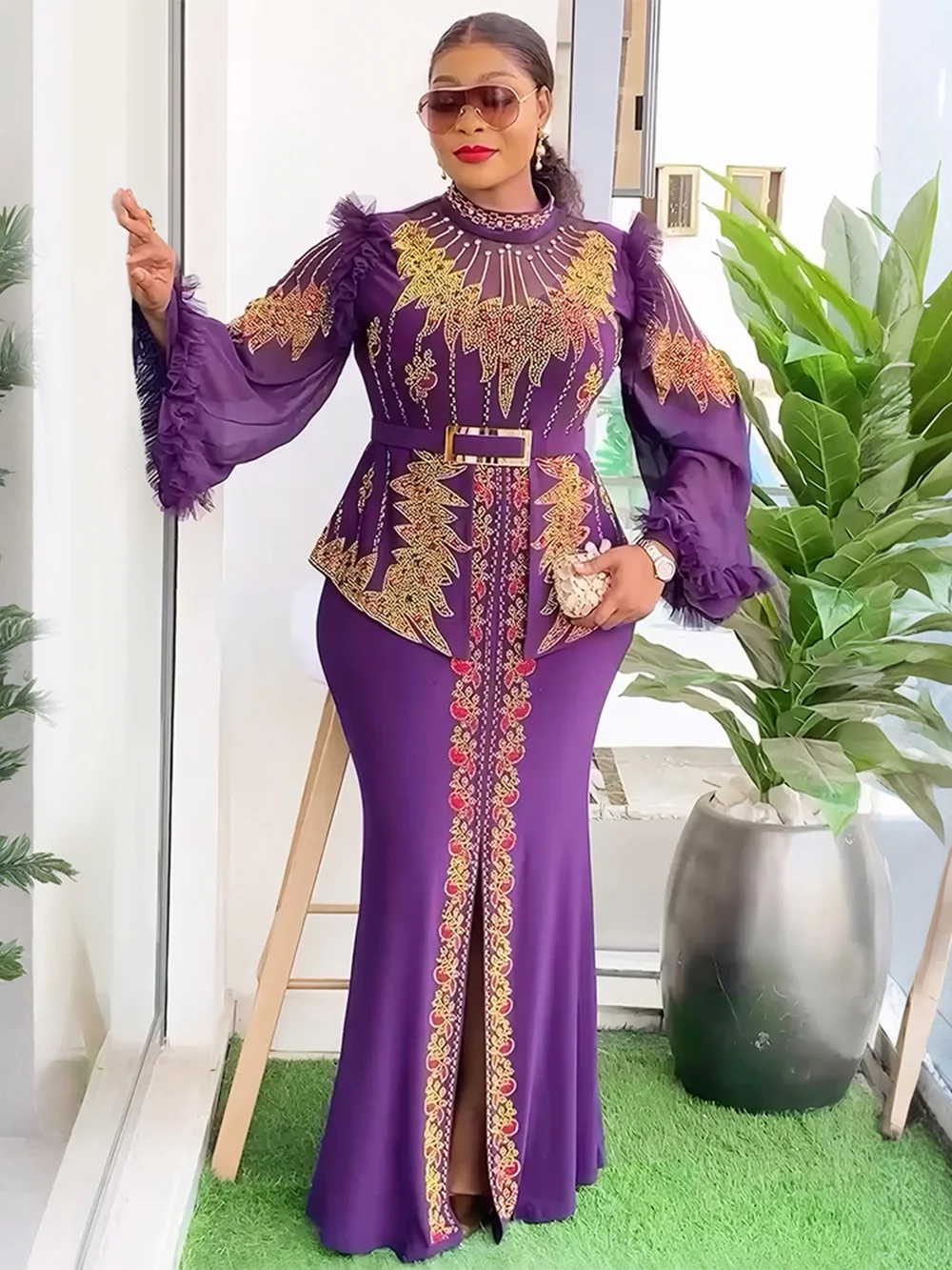 فستان سهرة نسائي كبير الحجم بأكمام طويلة فستان وصيفة العروس منقوش بالألماس بتصميم جديد 2025