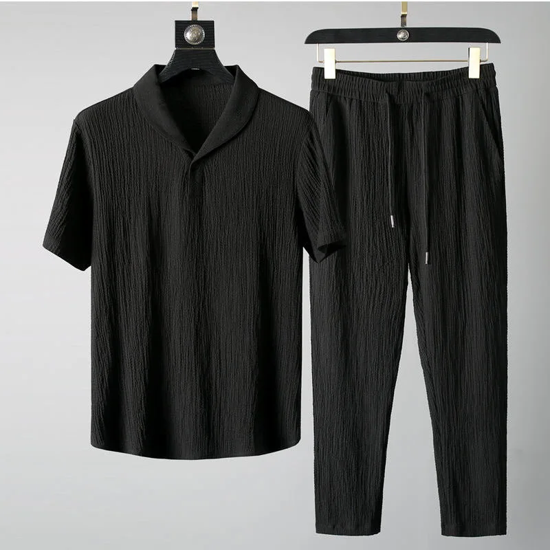 Summer Ultra-thin Two-piece Ice Silk Linen Suit Men's Cotton Linen 2-piece Set Loose-fit Mid-sleeve T-shirt Sports Wear