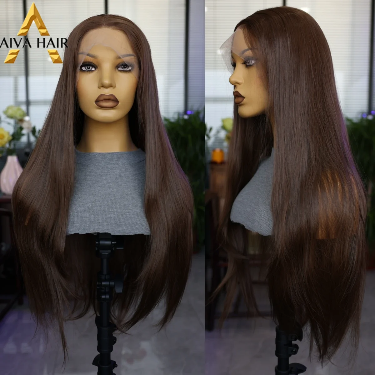 AIVA Brown Front Lace Synthetic Wig  28 Inch Straight Hair Cosplay Women's Wig Natural Hair Line High Temperature Resistance