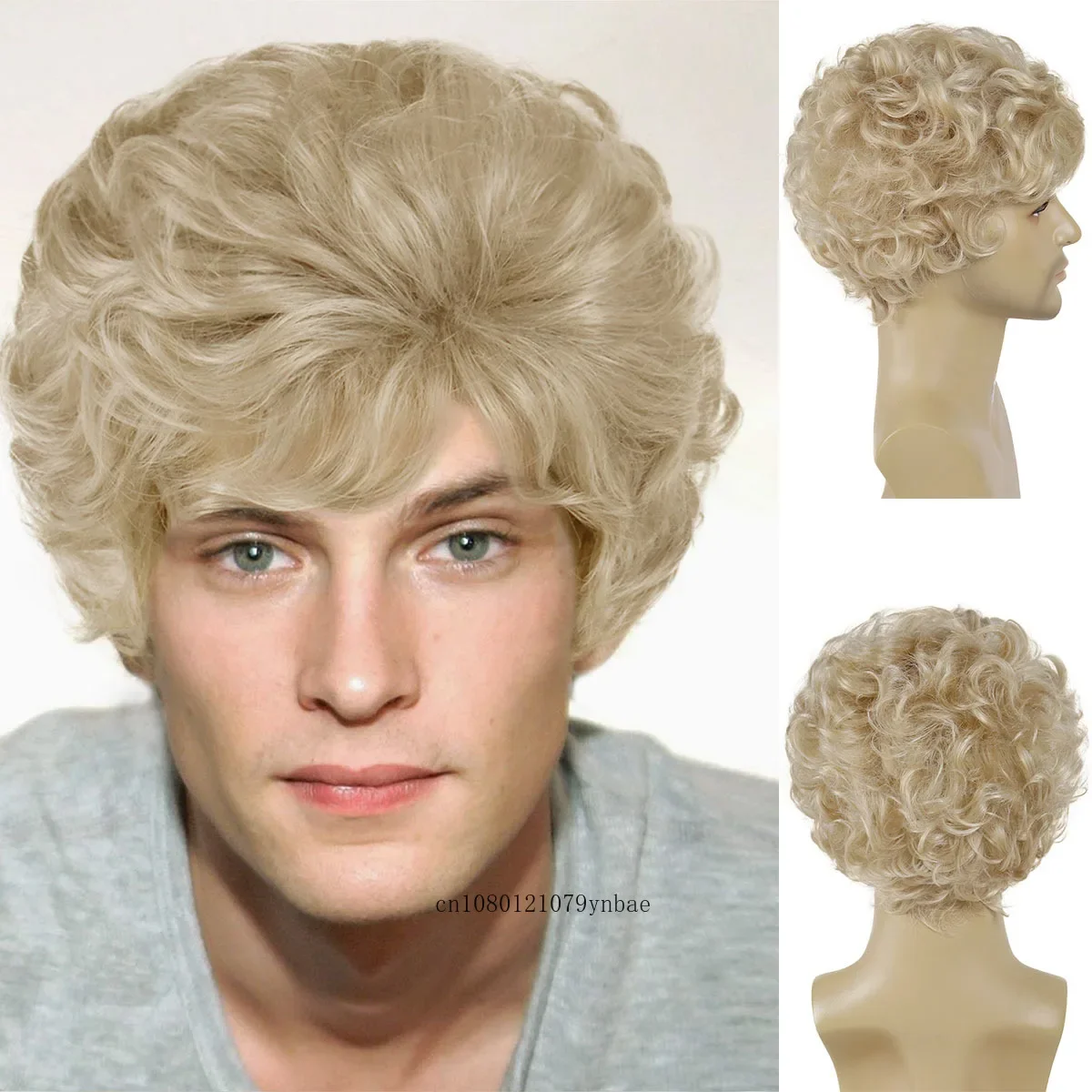 

Short Curly Wig with Bangs Synthetic Hair Fluffy Blonde Wigs for Men Male Gradient Old Man Grandpa Wig Cosplay Daily Costume