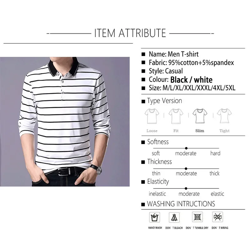 TFETTERS New Arrival 2024 Spring Autumn Men T-shirt Long Sleeve Casual Turn-down Striped T shirt Men Slim Fit Cotton Tops