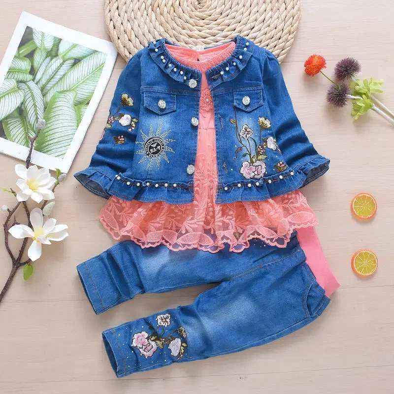Set Anak Perempuan Pakaian Denim 3 Potong Pakaian Musim Semi dan Musim Gugur Setelan Bayi Perempuan