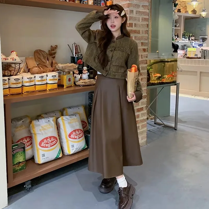 2025 New Spring Autumn Retro Jacket + PU Leather Skirt Women Fragrant Tassels Contrast Color Coat Solid Long Skirt Two Piece Set