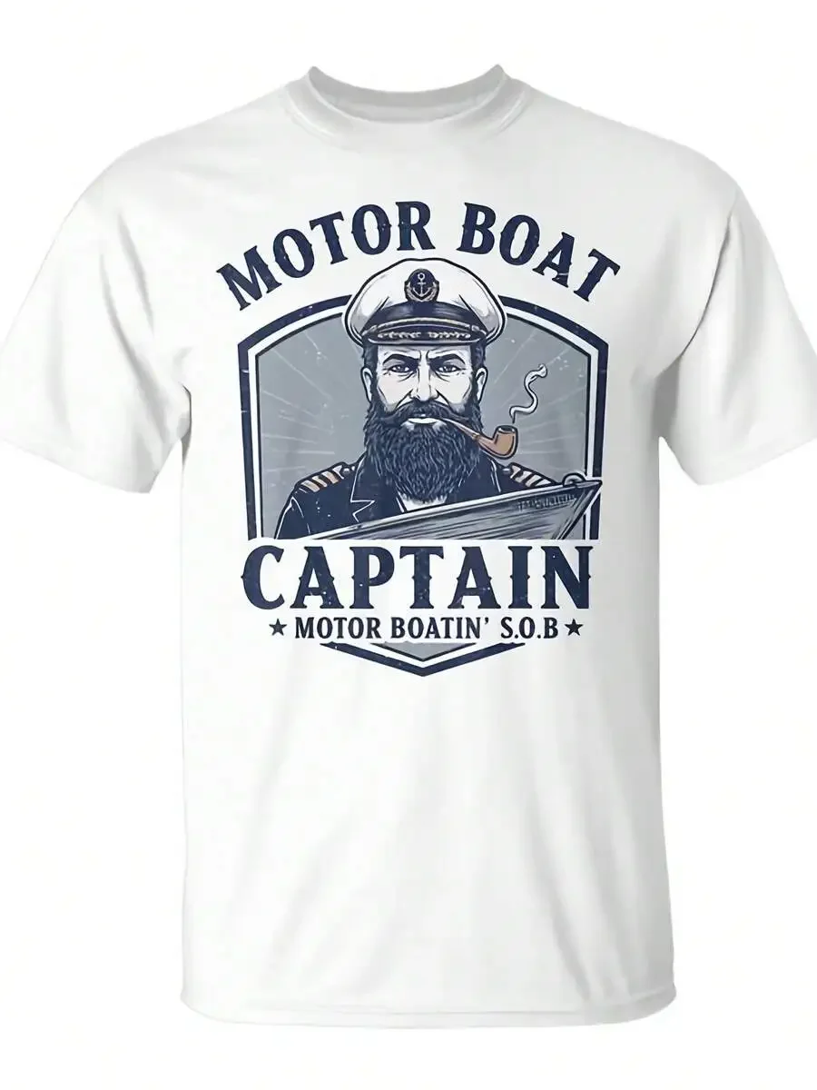 Men's Motor Boat Captain Graphic T-Shirt, Funny Boating Lake Casual Short Sleeve Pure Cotton 220G Crew Neck Tee Vintage Nautical