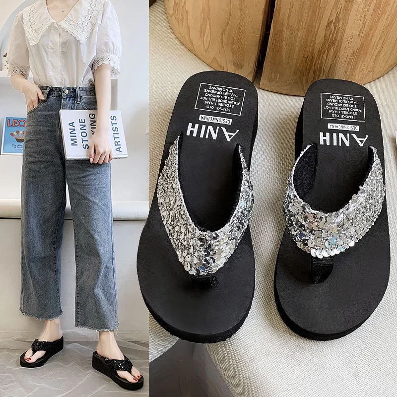 2024 New Women Flip-flop Solid Slides Women Sandals Ladies Thickness Sequin Shoes Slippers Beach Shoe Indoor House Zapatos Mujer