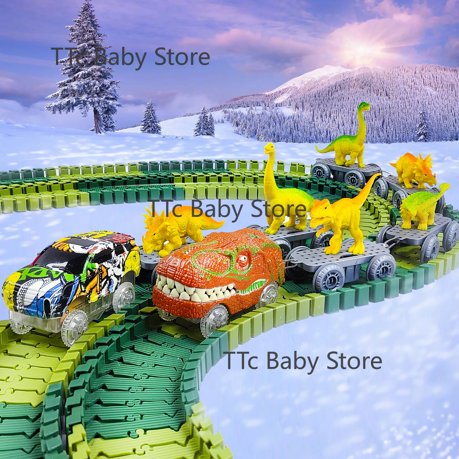 

Dinosaur Toys-Magical Train Track Racing Toy Bend Flexible Race Track Flash Light Car Educational Toys For Kids Gift Ornaments
