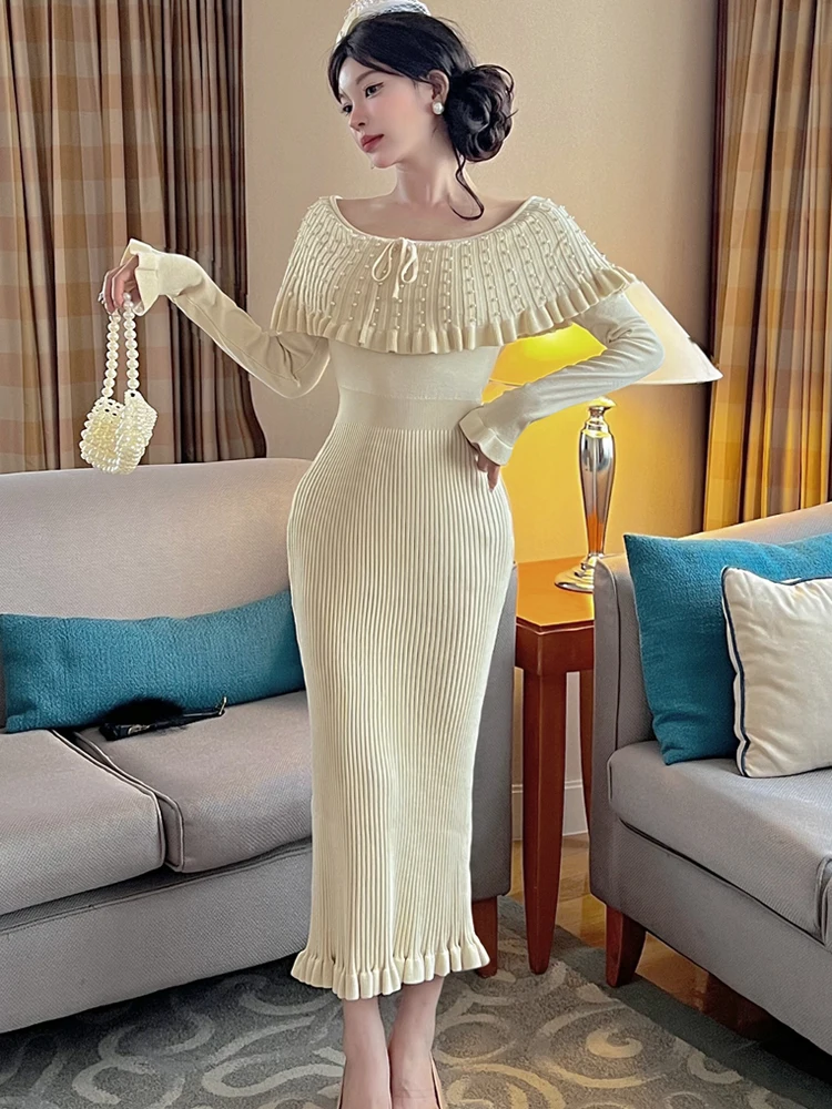 الخريف الشتاء المرأة التفاف فساتين محبوكة الإناث موضة أنيقة حبة الكشكشة كم طويل غمد تريكو مكتب Bodycon فستان