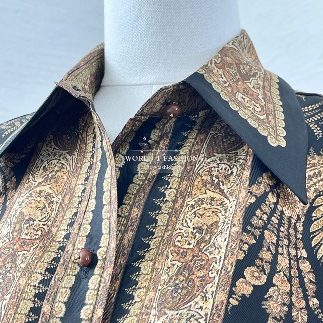 

Brown Black Paisley Print Long Sleeve Lapel Blouse Tops and Pants Set 2025 New