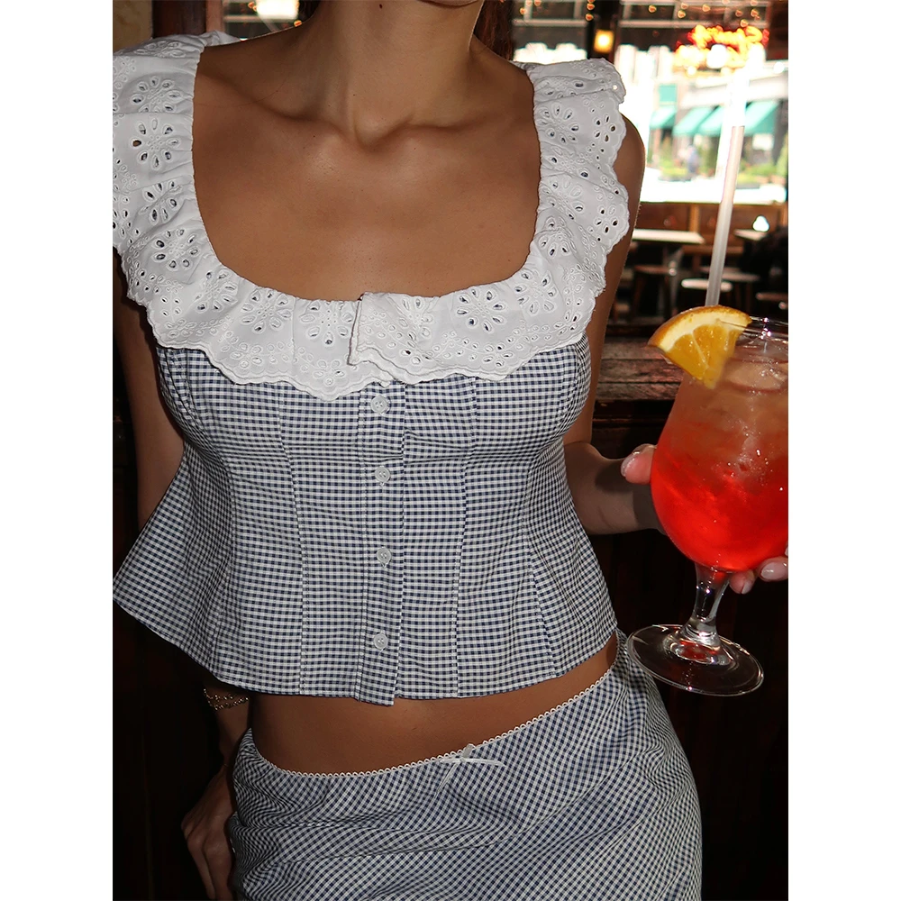 Vrouwen Kawaii Zoete Kant Bloem Holle Tanks Tops Hemdje Ruches Plaid Print Knop Slim Fit Fairycore Harajuku Cropped Vesten